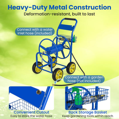 Garden Hose Reel Cart Metal Hose Cart with 4 Wheels and Storage Basket, Blue Watering & Irrigation at Gallery Canada