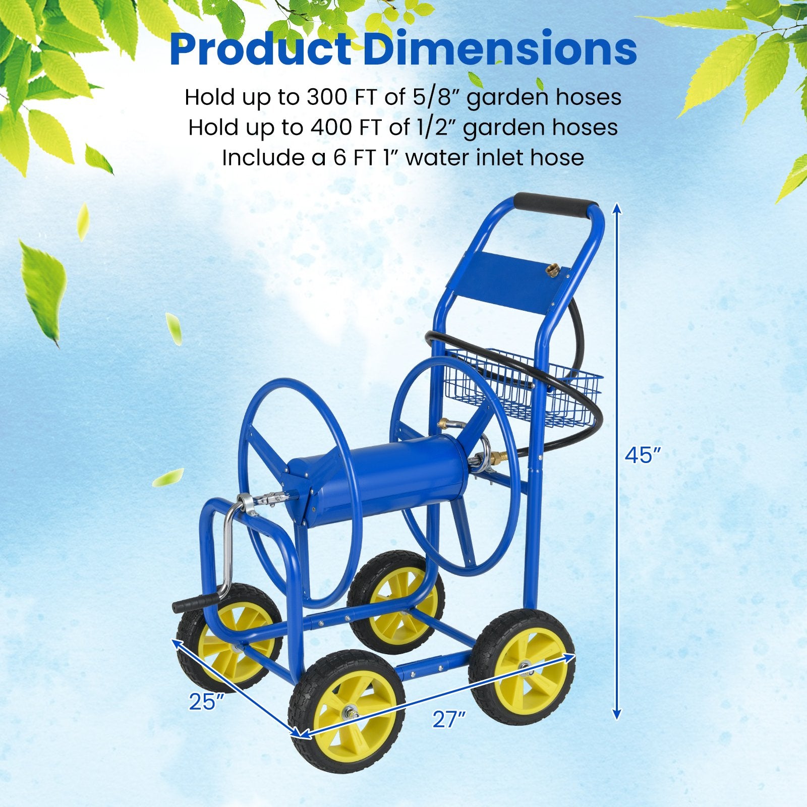 Garden Hose Reel Cart Metal Hose Cart with 4 Wheels and Storage Basket, Blue Watering & Irrigation at Gallery Canada