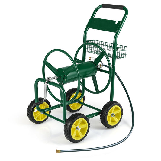 Garden Hose Reel Cart Metal Hose Cart with 4 Wheels and Storage Basket, Green Watering & Irrigation Green at Gallery Canada