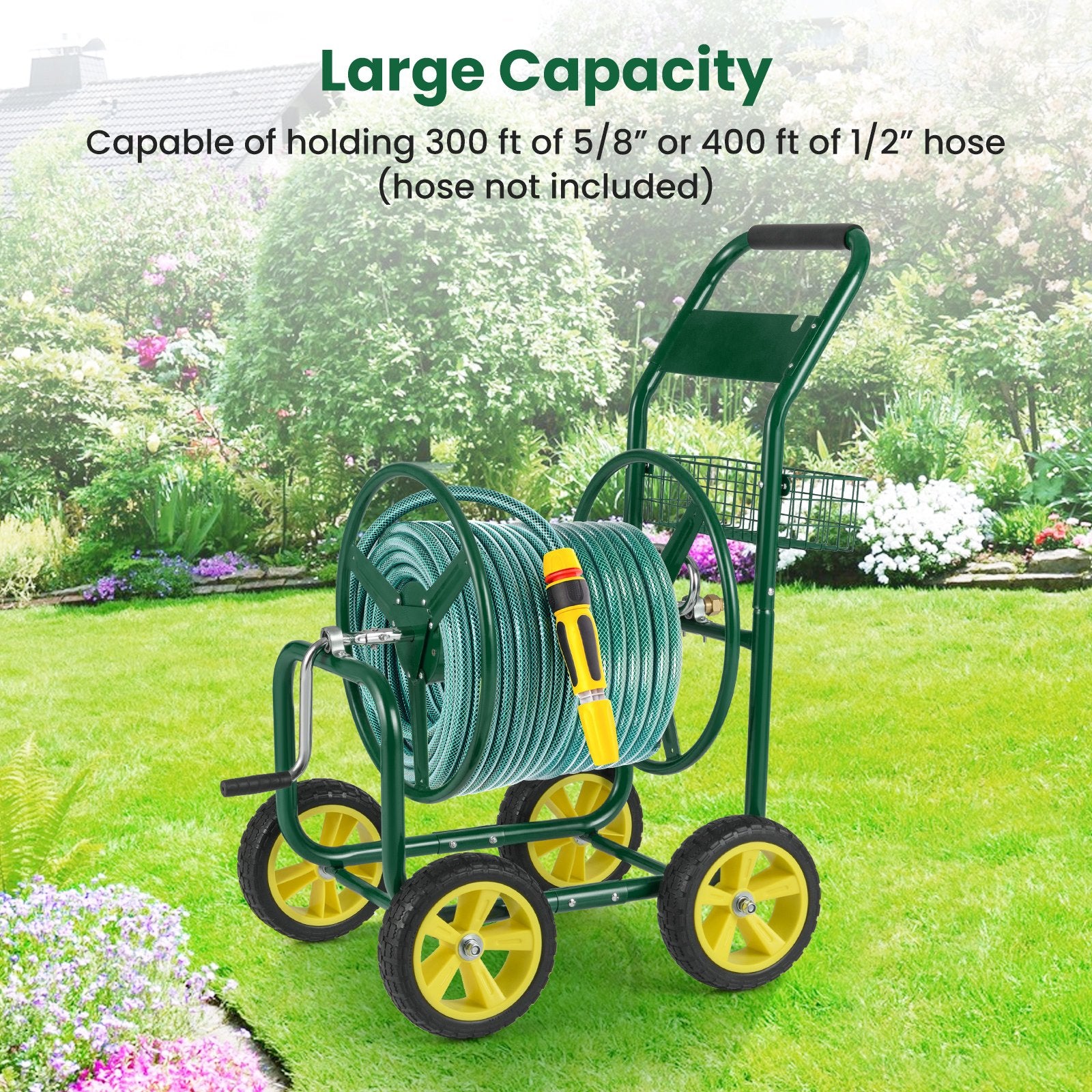 Garden Hose Reel Cart Metal Hose Cart with 4 Wheels and Storage Basket, Green Watering & Irrigation at Gallery Canada