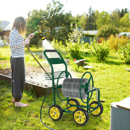 Garden Hose Reel Cart Metal Hose Cart with 4 Wheels and Storage Basket, Green