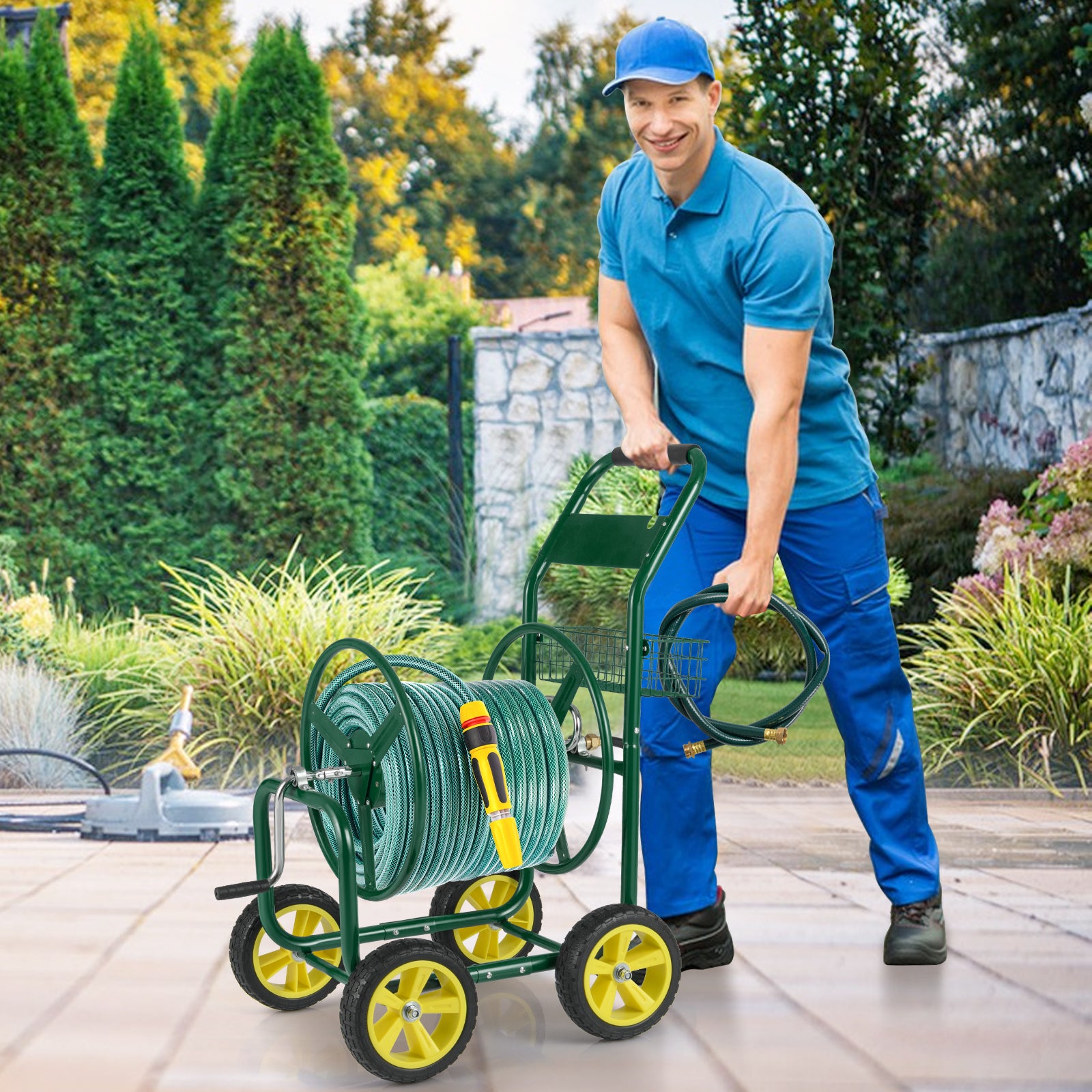 Garden Hose Reel Cart Metal Hose Cart with 4 Wheels and Storage Basket, Green Watering & Irrigation at Gallery Canada