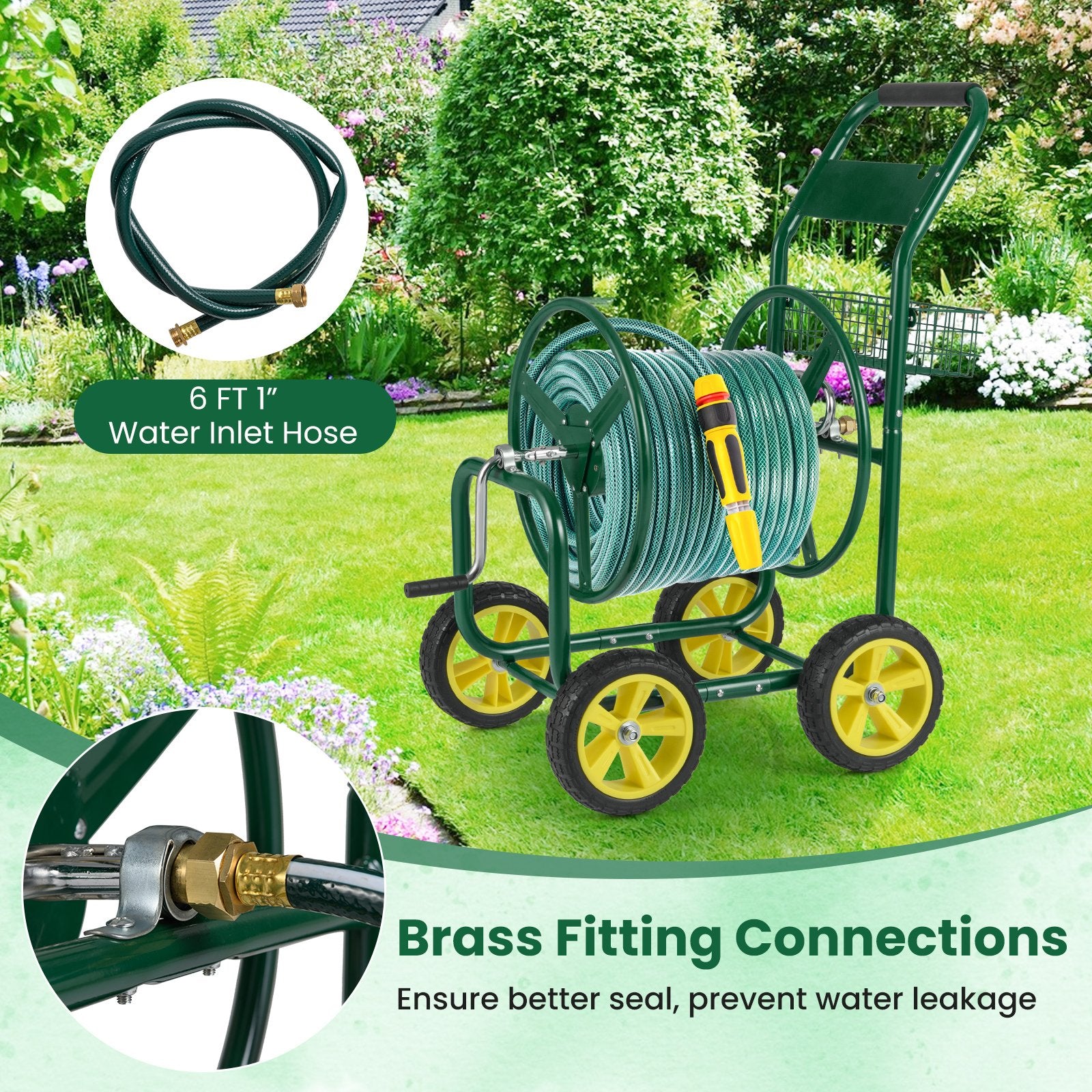 Garden Hose Reel Cart Metal Hose Cart with 4 Wheels and Storage Basket, Green Watering & Irrigation at Gallery Canada
