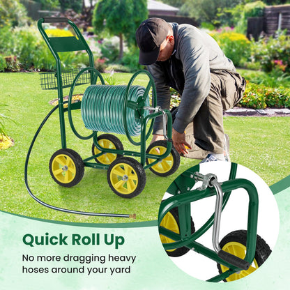Garden Hose Reel Cart Metal Hose Cart with 4 Wheels and Storage Basket, Green Watering & Irrigation at Gallery Canada