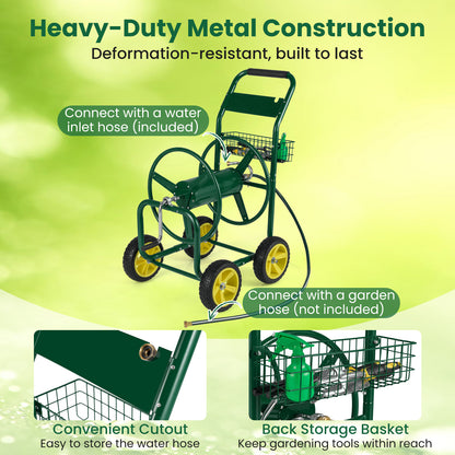 Garden Hose Reel Cart Metal Hose Cart with 4 Wheels and Storage Basket, Green Watering & Irrigation at Gallery Canada