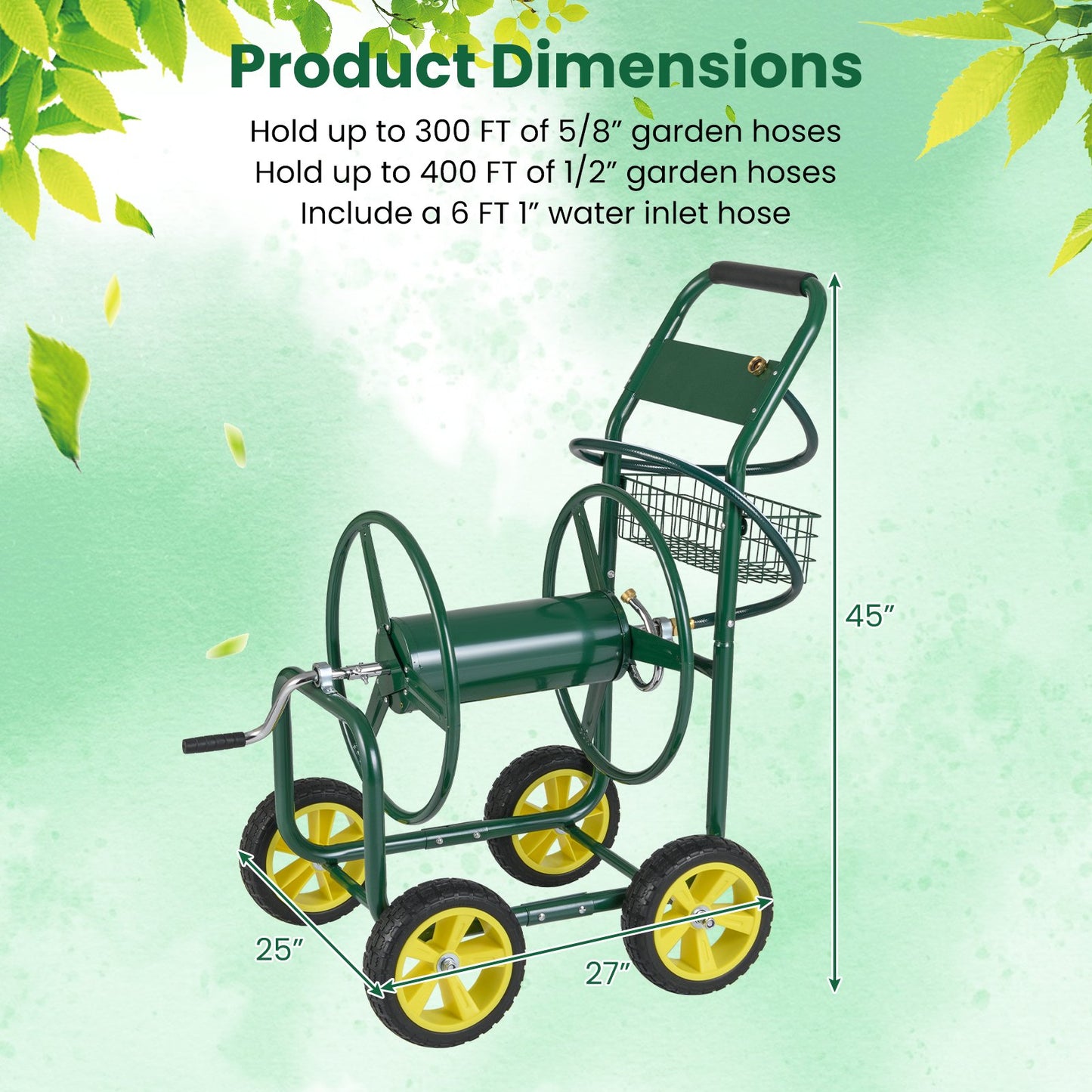 Garden Hose Reel Cart Metal Hose Cart with 4 Wheels and Storage Basket, Green Watering & Irrigation at Gallery Canada