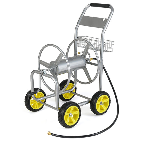 Garden Hose Reel Cart Metal Hose Cart with 4 Wheels and Storage Basket, Silver