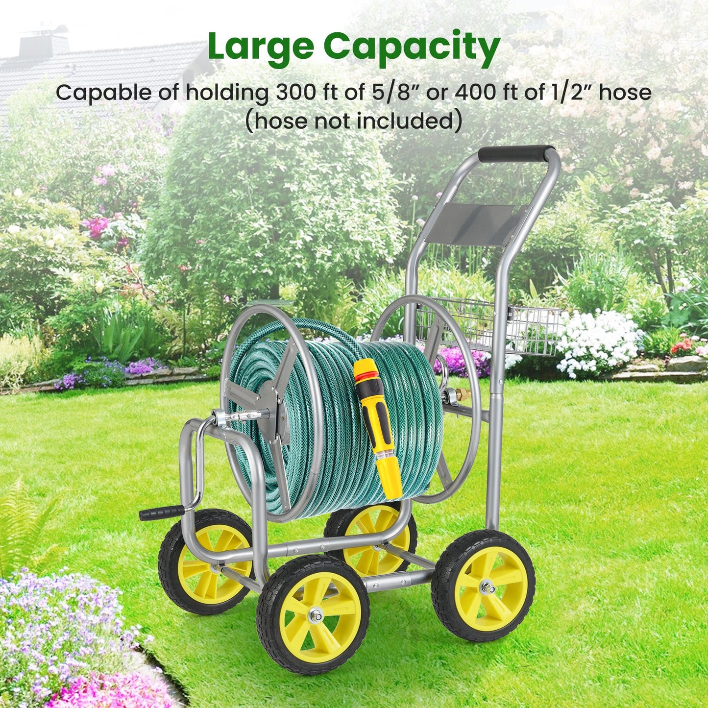 Garden Hose Reel Cart Metal Hose Cart with 4 Wheels and Storage Basket, Silver Watering & Irrigation at Gallery Canada