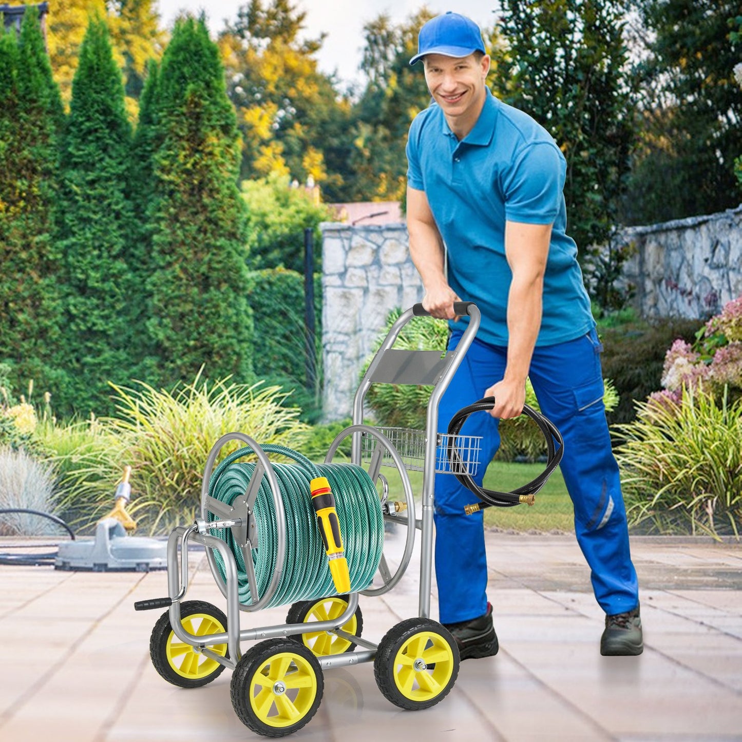 Garden Hose Reel Cart Metal Hose Cart with 4 Wheels and Storage Basket, Silver Watering & Irrigation at Gallery Canada