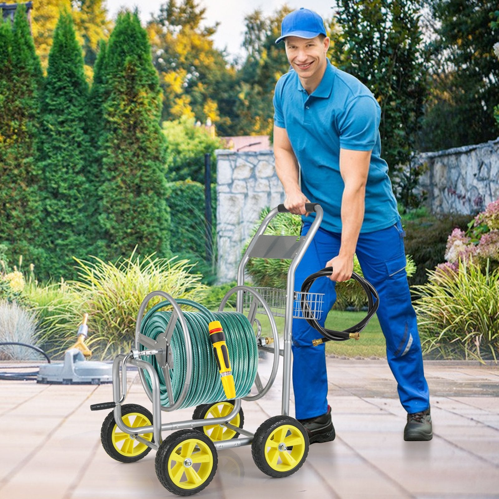 Garden Hose Reel Cart Metal Hose Cart with 4 Wheels and Storage Basket, Silver Watering & Irrigation at Gallery Canada
