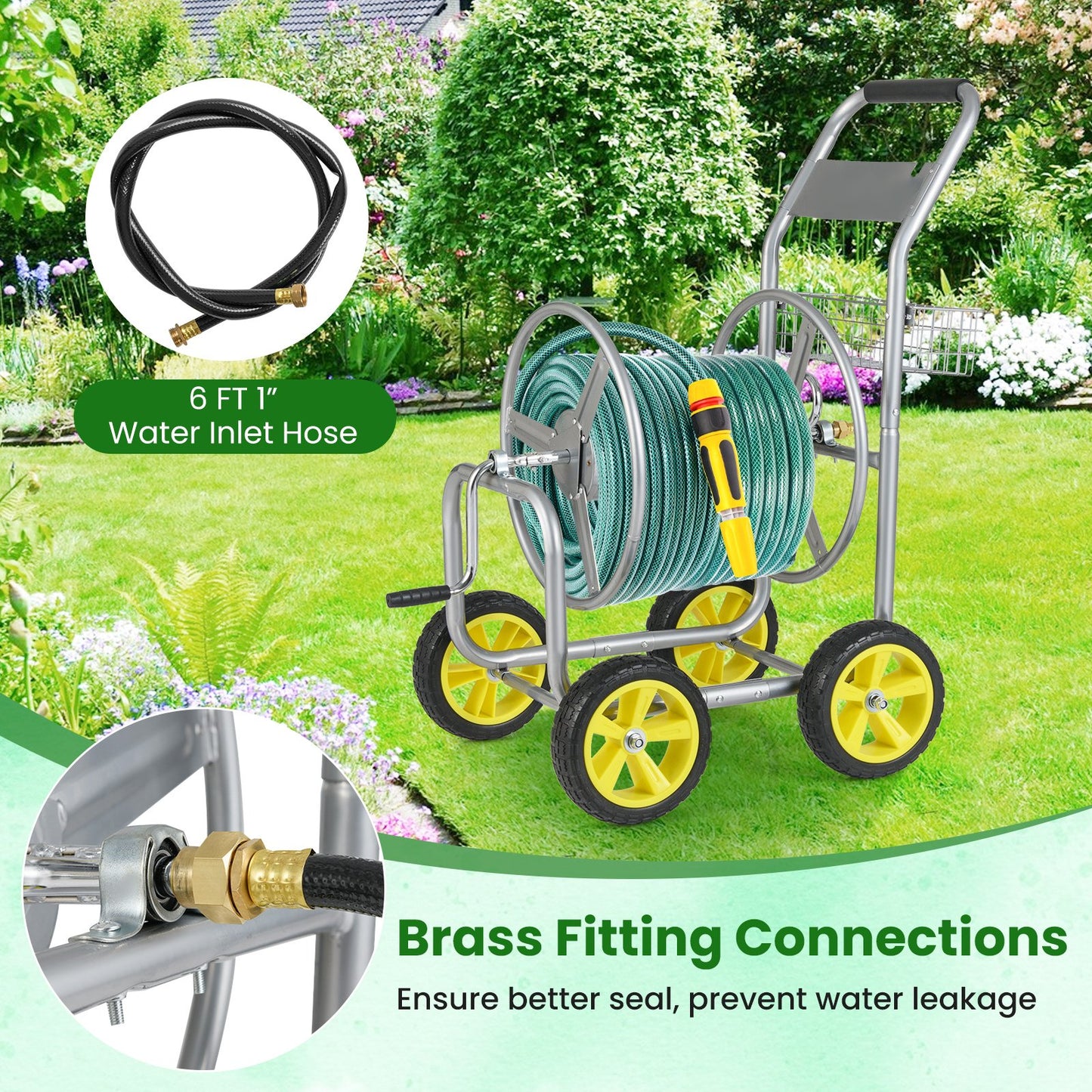 Garden Hose Reel Cart Metal Hose Cart with 4 Wheels and Storage Basket, Silver Watering & Irrigation at Gallery Canada