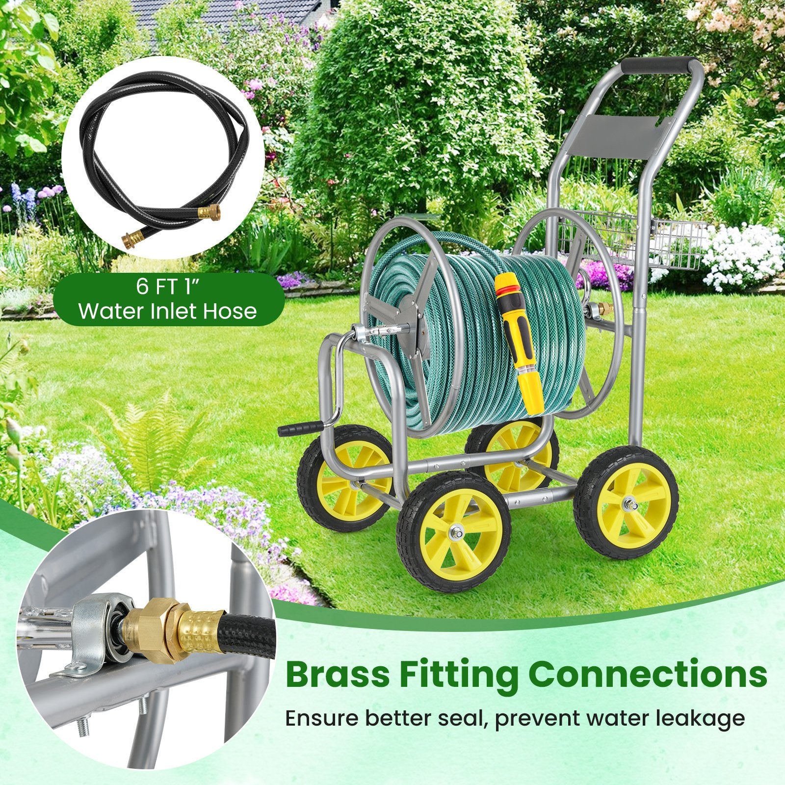 Garden Hose Reel Cart Metal Hose Cart with 4 Wheels and Storage Basket, Silver Watering & Irrigation at Gallery Canada