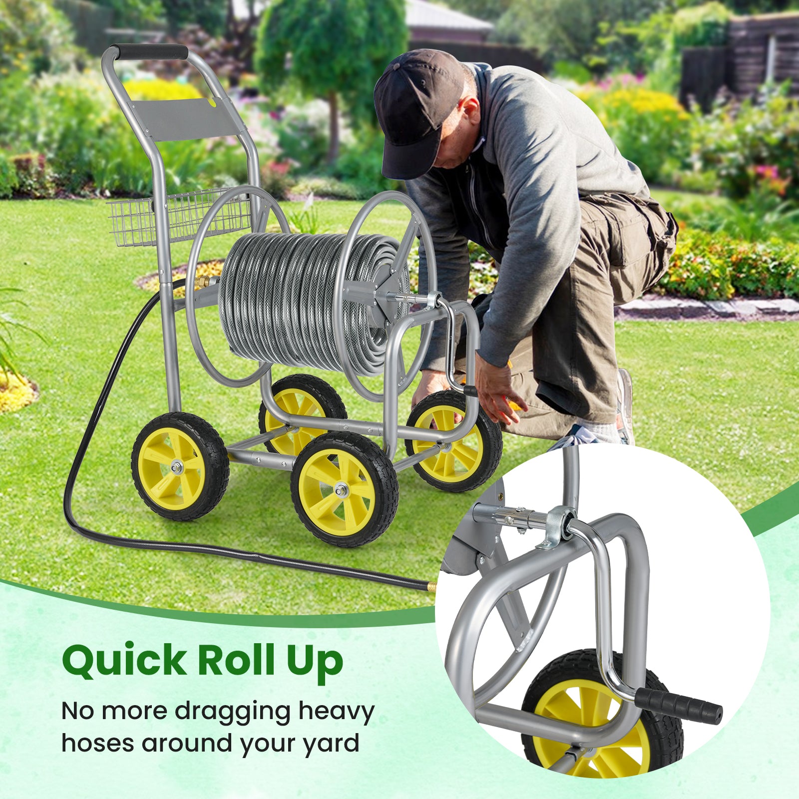 Garden Hose Reel Cart Metal Hose Cart with 4 Wheels and Storage Basket, Silver Watering & Irrigation at Gallery Canada