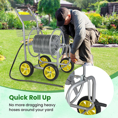 Garden Hose Reel Cart Metal Hose Cart with 4 Wheels and Storage Basket, Silver Watering & Irrigation at Gallery Canada