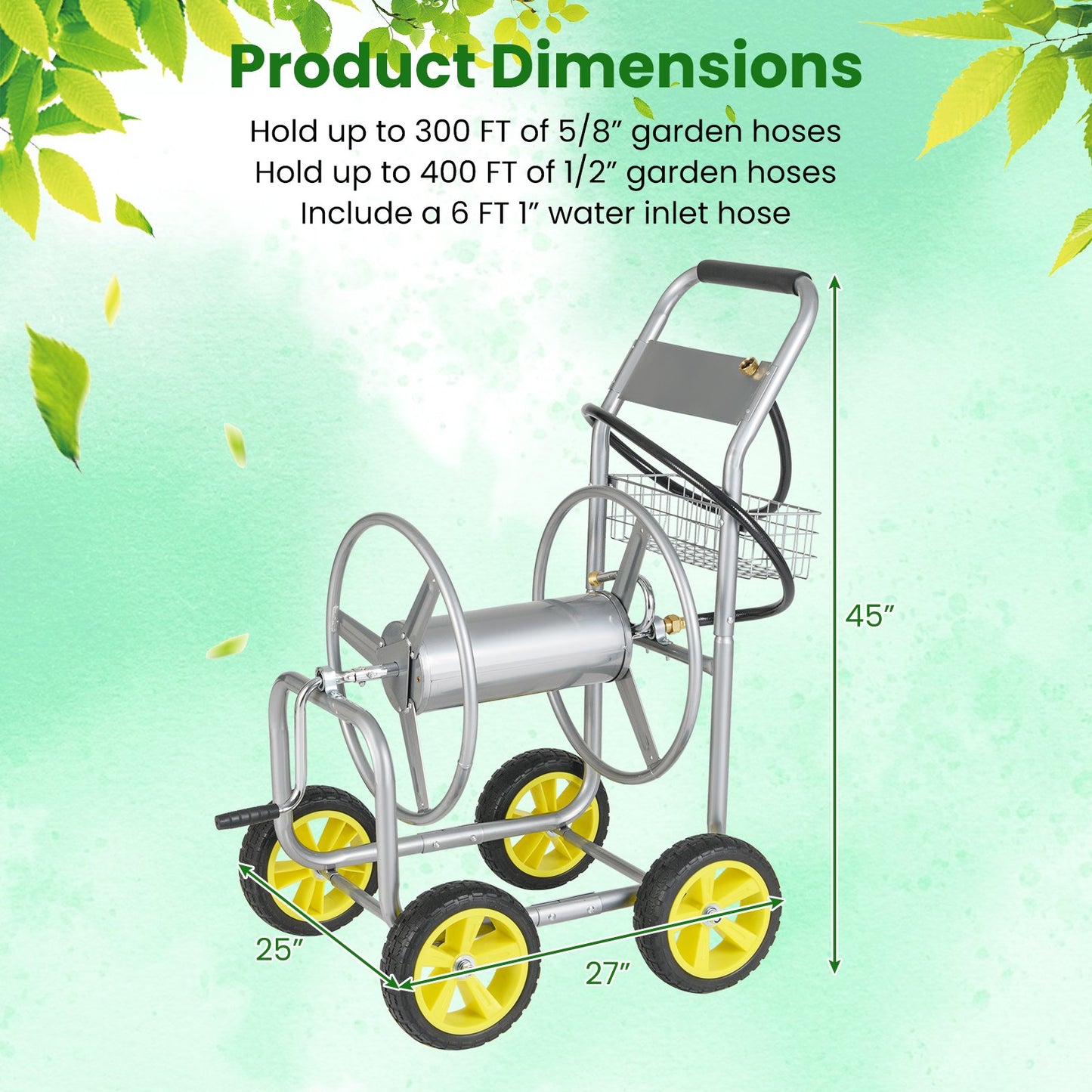 Garden Hose Reel Cart Metal Hose Cart with 4 Wheels and Storage Basket, Silver Watering & Irrigation at Gallery Canada