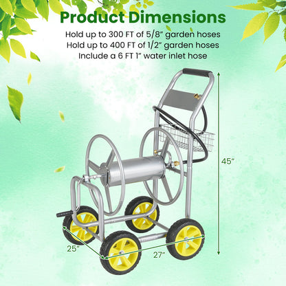 Garden Hose Reel Cart Metal Hose Cart with 4 Wheels and Storage Basket, Silver Watering & Irrigation at Gallery Canada
