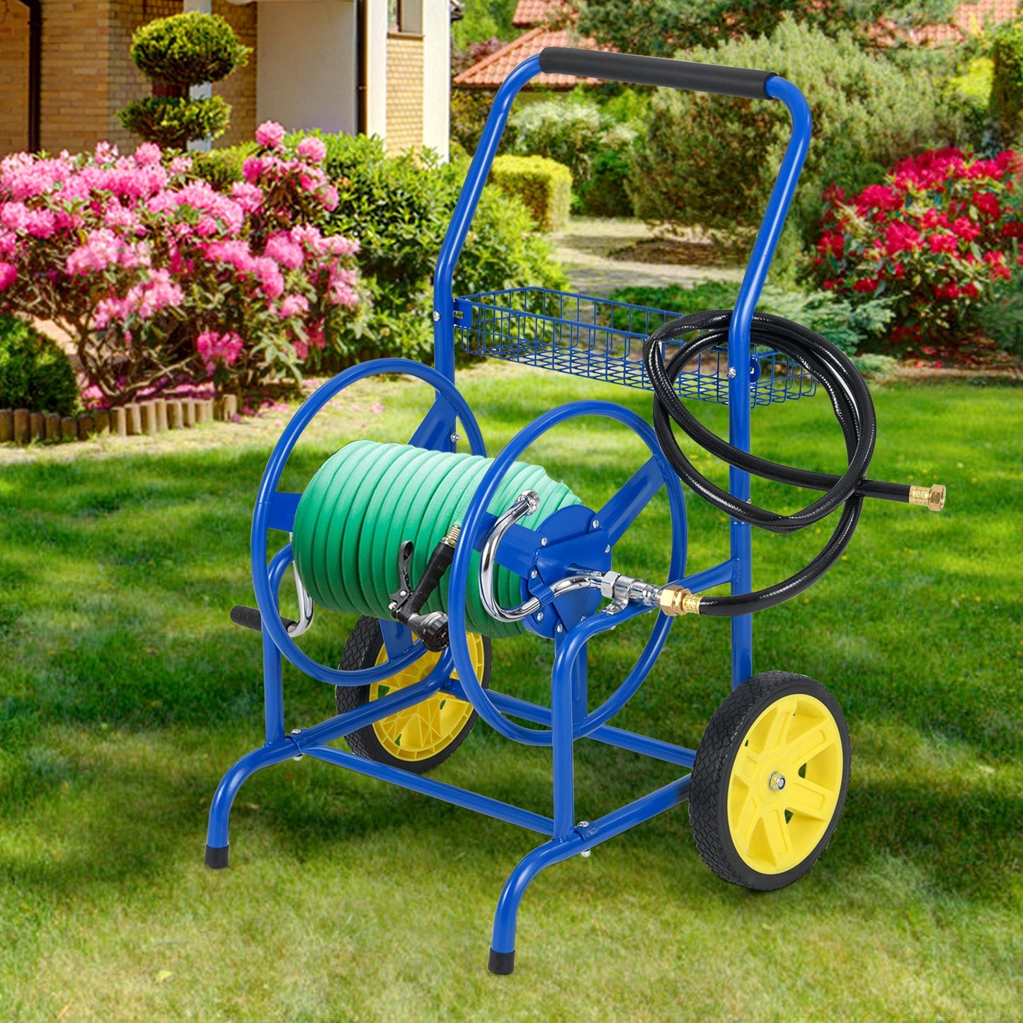 Garden Hose Reel Cart with 2 Wheels and Storage Basket, Blue Watering & Irrigation at Gallery Canada