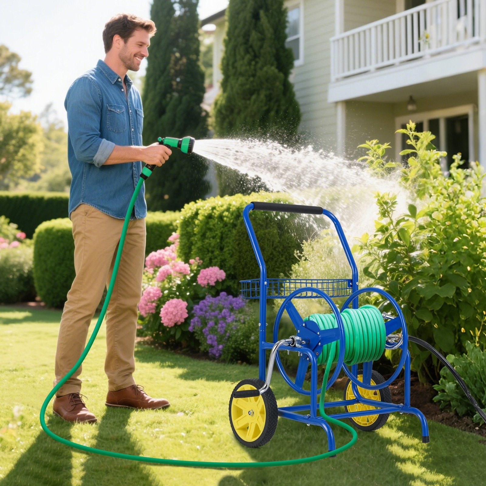 Garden Hose Reel Cart with 2 Wheels and Storage Basket, Blue Watering & Irrigation at Gallery Canada