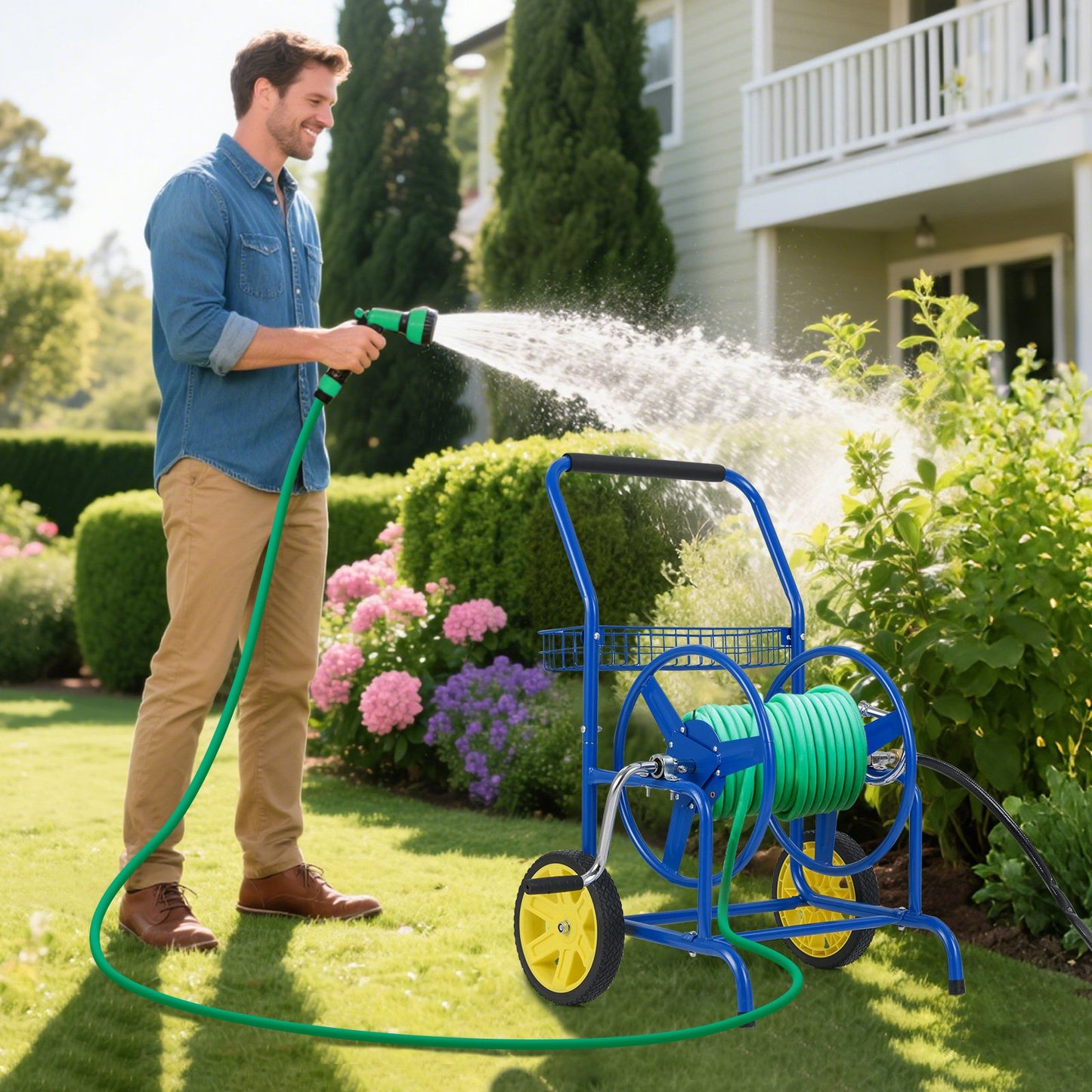 Garden Hose Reel Cart with 2 Wheels and Storage Basket, Blue Watering & Irrigation at Gallery Canada