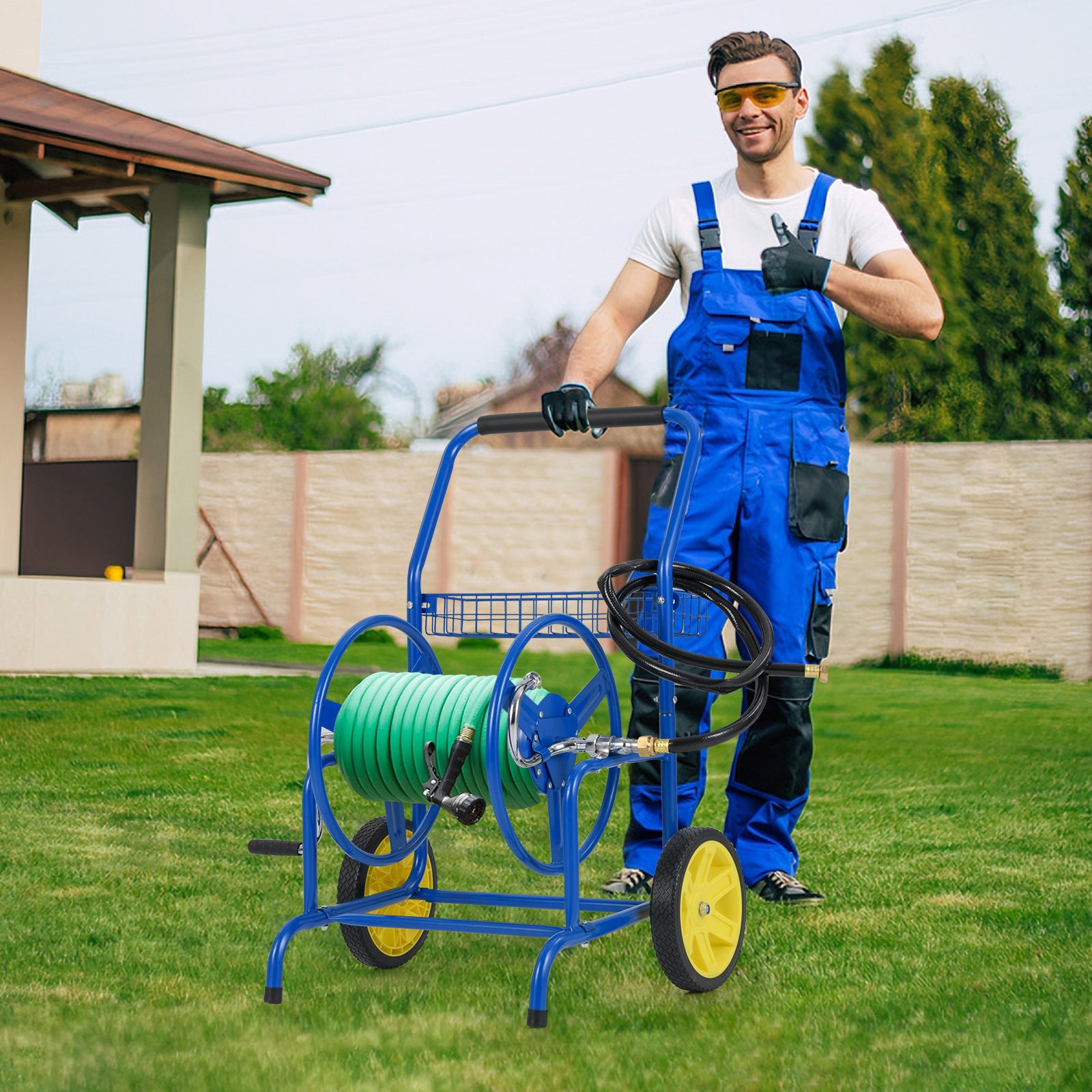 Garden Hose Reel Cart with 2 Wheels and Storage Basket, Blue Watering & Irrigation at Gallery Canada
