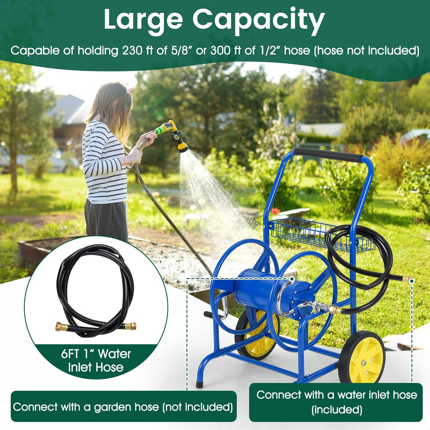 Garden Hose Reel Cart with 2 Wheels and Storage Basket, Blue Watering & Irrigation at Gallery Canada