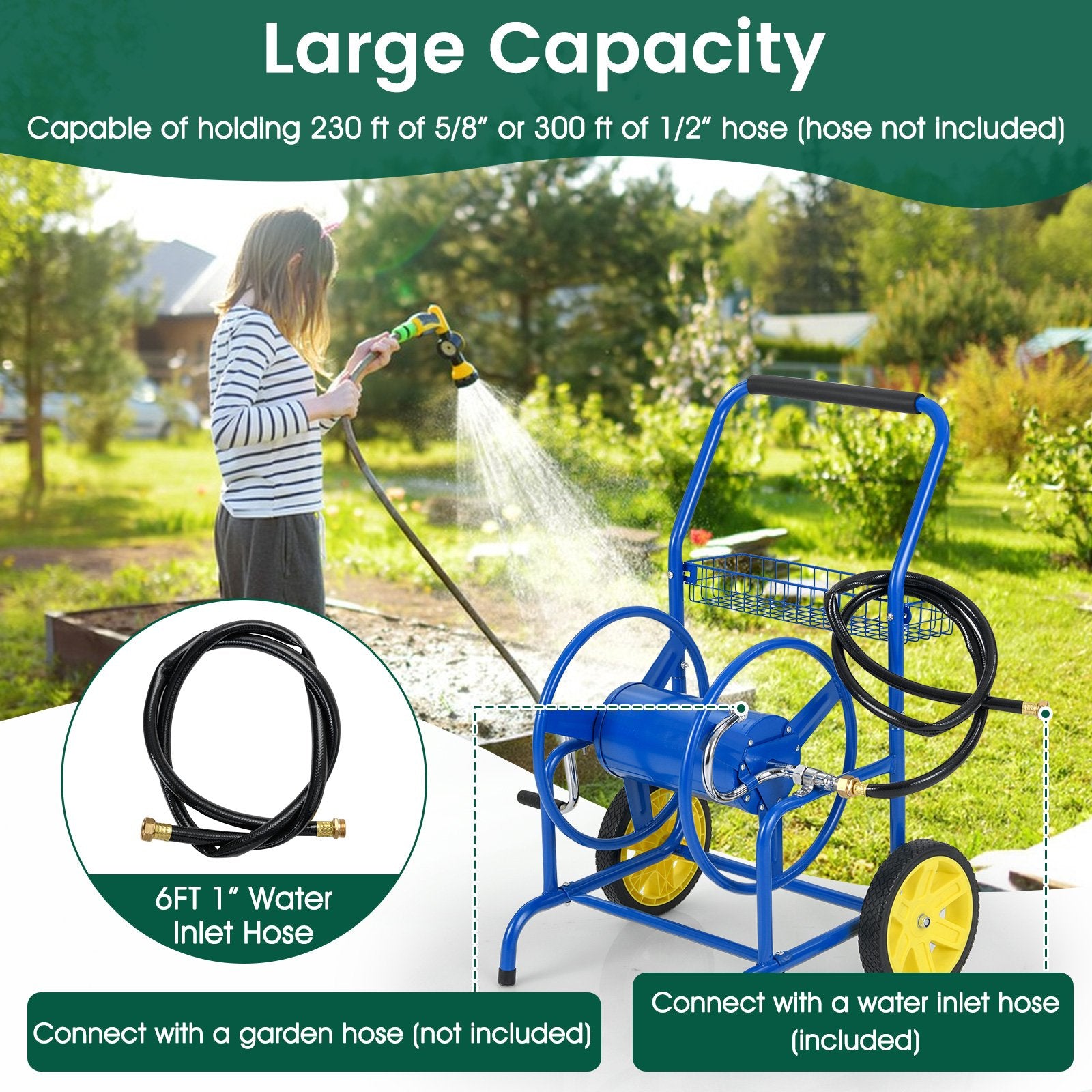 Garden Hose Reel Cart with 2 Wheels and Storage Basket, Blue Watering & Irrigation at Gallery Canada
