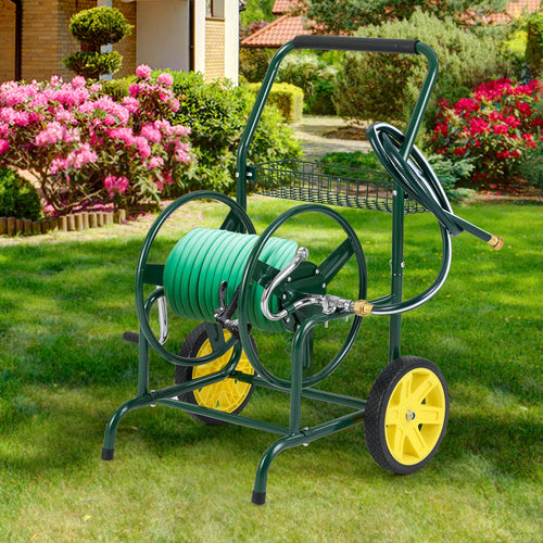 Garden Hose Reel Cart with 2 Wheels and Storage Basket, Green