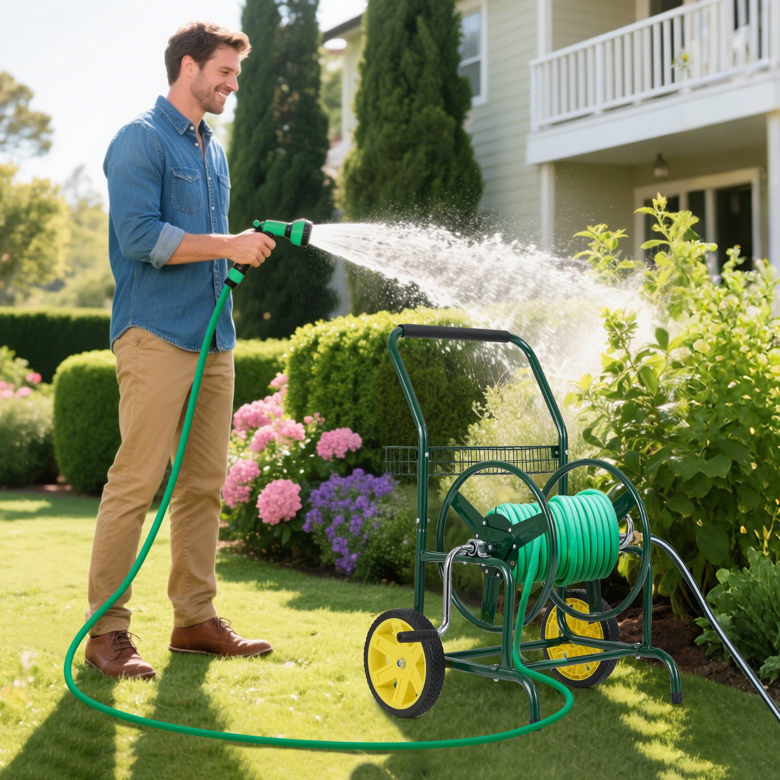 Garden Hose Reel Cart with 2 Wheels and Storage Basket, Green Watering & Irrigation at Gallery Canada