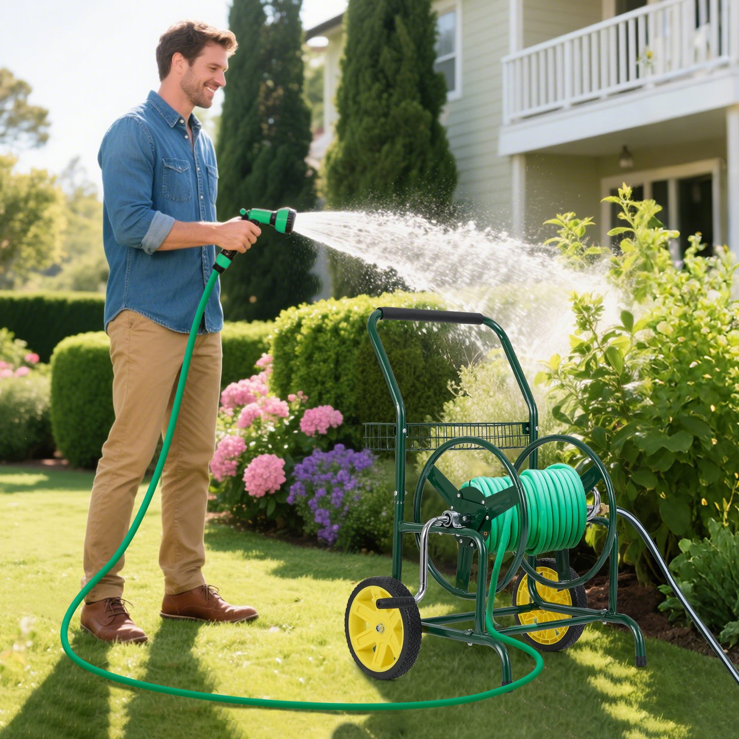 Garden Hose Reel Cart with 2 Wheels and Storage Basket, Green Watering & Irrigation at Gallery Canada