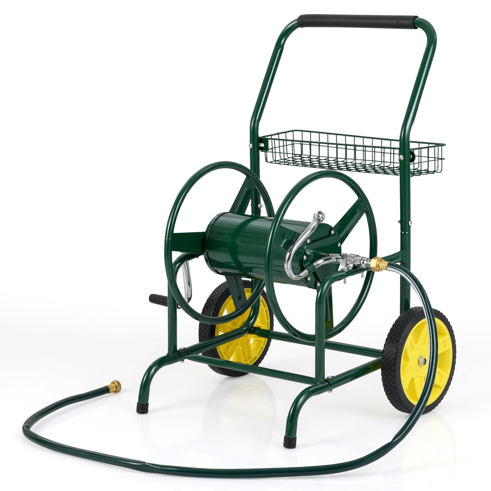 Garden Hose Reel Cart with 2 Wheels and Storage Basket, Green Watering & Irrigation Green at Gallery Canada