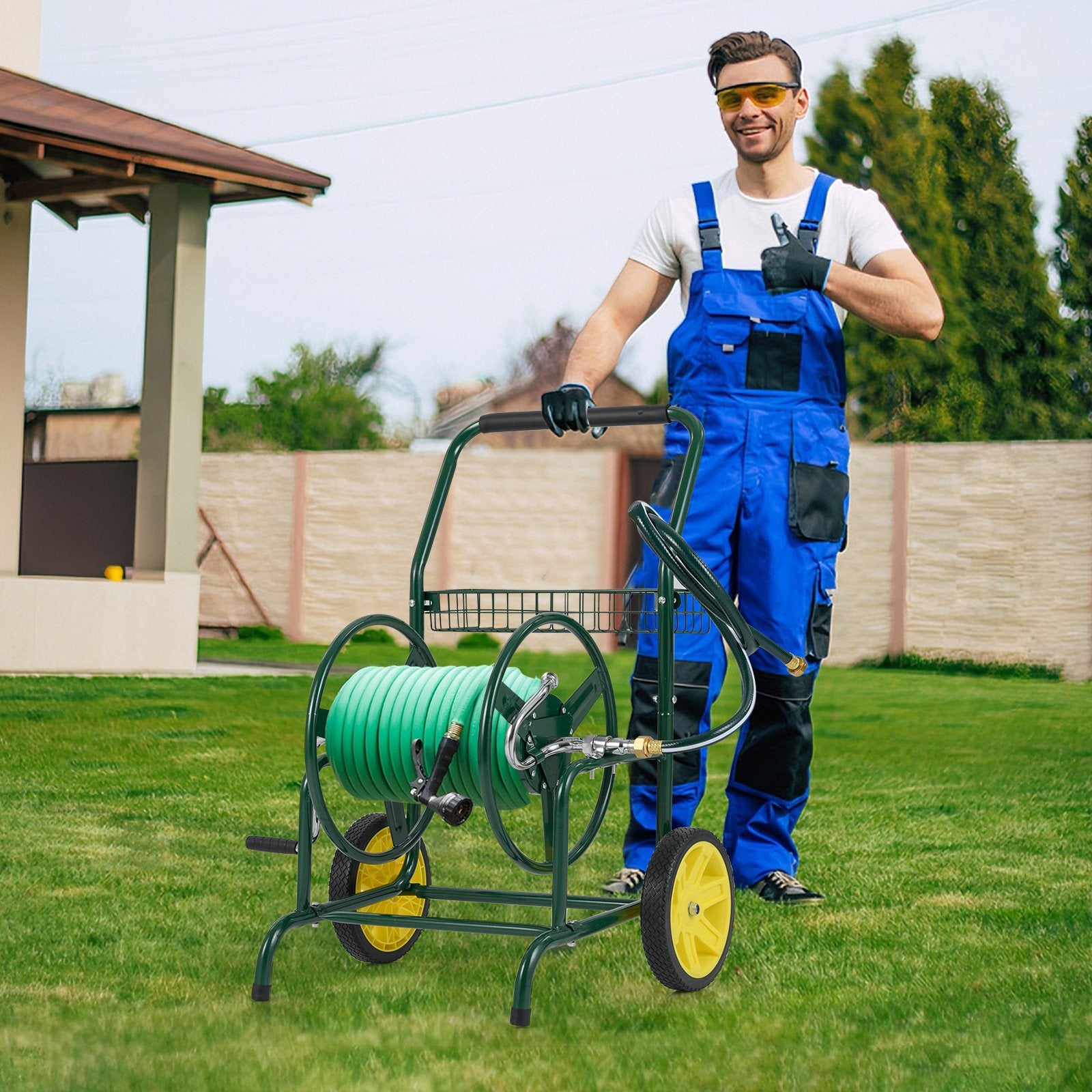 Garden Hose Reel Cart with 2 Wheels and Storage Basket, Green Watering & Irrigation at Gallery Canada