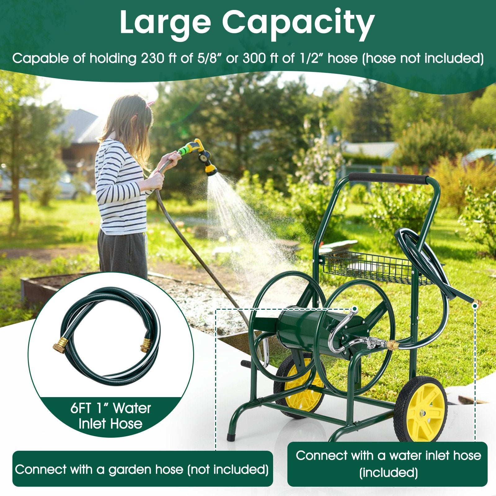 Garden Hose Reel Cart with 2 Wheels and Storage Basket, Green Watering & Irrigation at Gallery Canada