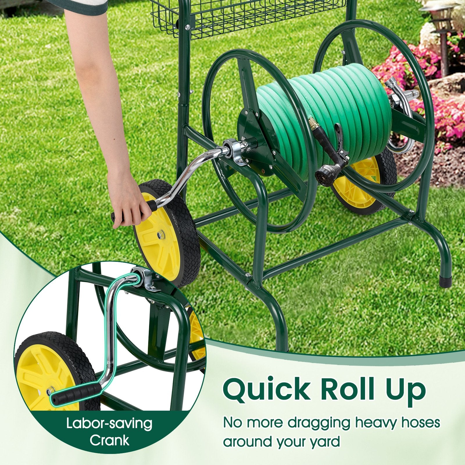 Garden Hose Reel Cart with 2 Wheels and Storage Basket, Green Watering & Irrigation at Gallery Canada