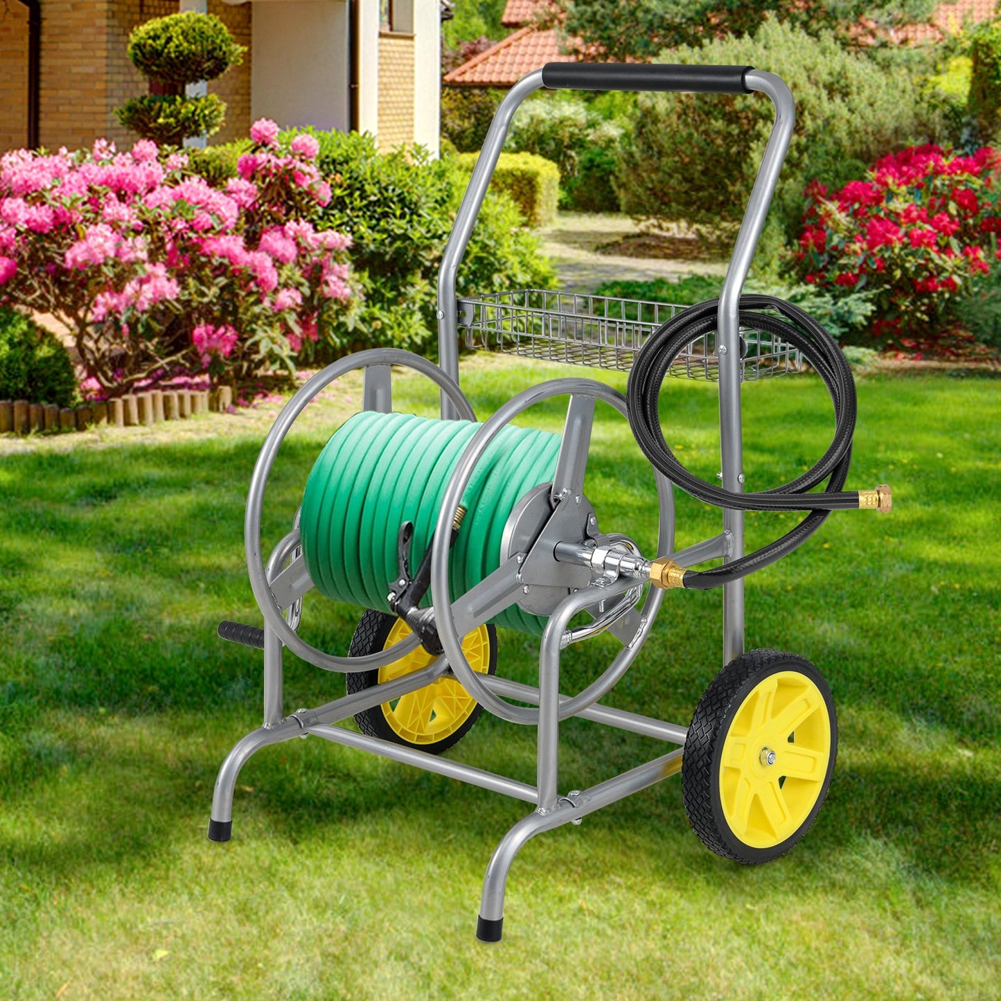 Garden Hose Reel Cart with 2 Wheels and Storage Basket, Silver Watering & Irrigation at Gallery Canada