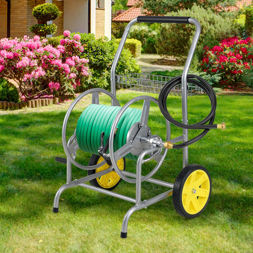Garden Hose Reel Cart with 2 Wheels and Storage Basket, Silver