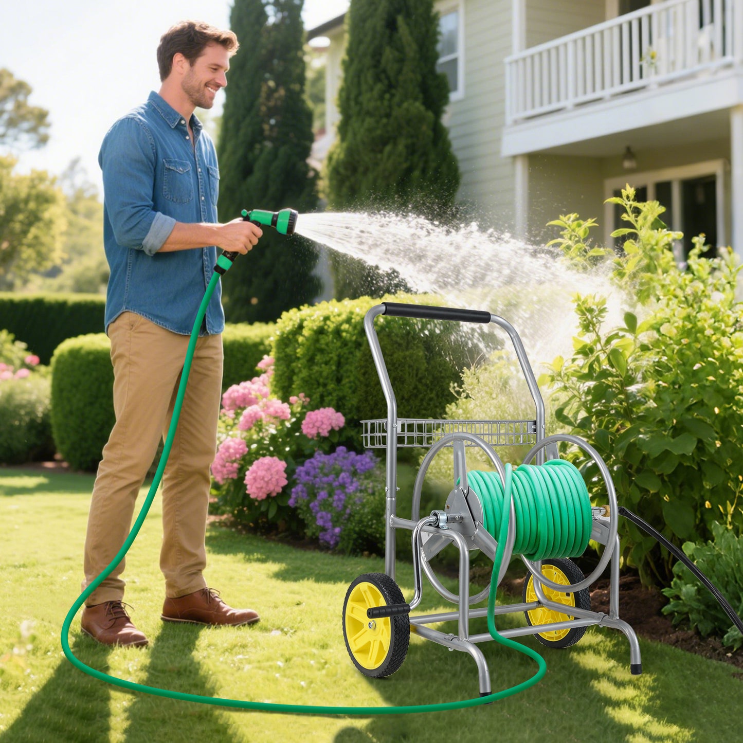 Garden Hose Reel Cart with 2 Wheels and Storage Basket, Silver Watering & Irrigation at Gallery Canada