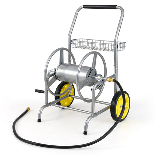 Garden Hose Reel Cart with 2 Wheels and Storage Basket, Silver