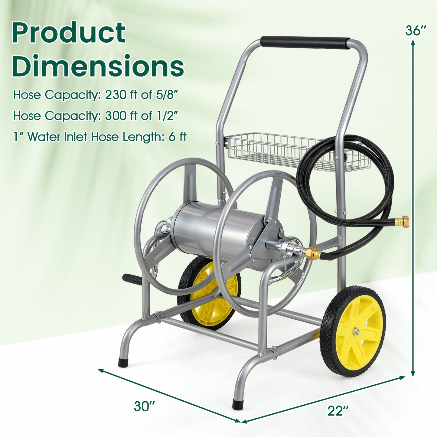 Garden Hose Reel Cart with 2 Wheels and Storage Basket, Silver Watering & Irrigation at Gallery Canada