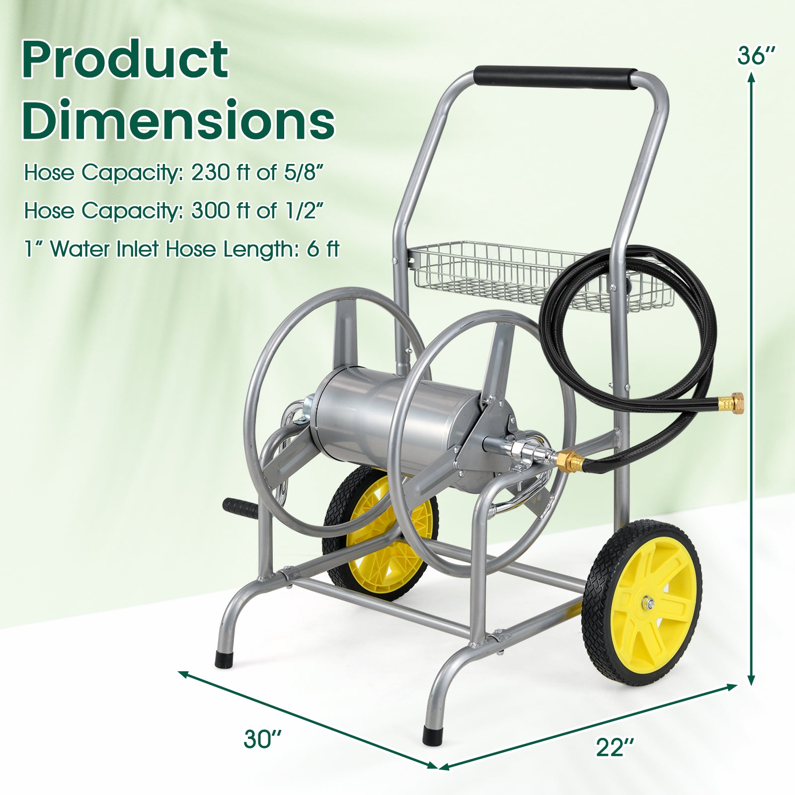 Garden Hose Reel Cart with 2 Wheels and Storage Basket, Silver Watering & Irrigation at Gallery Canada