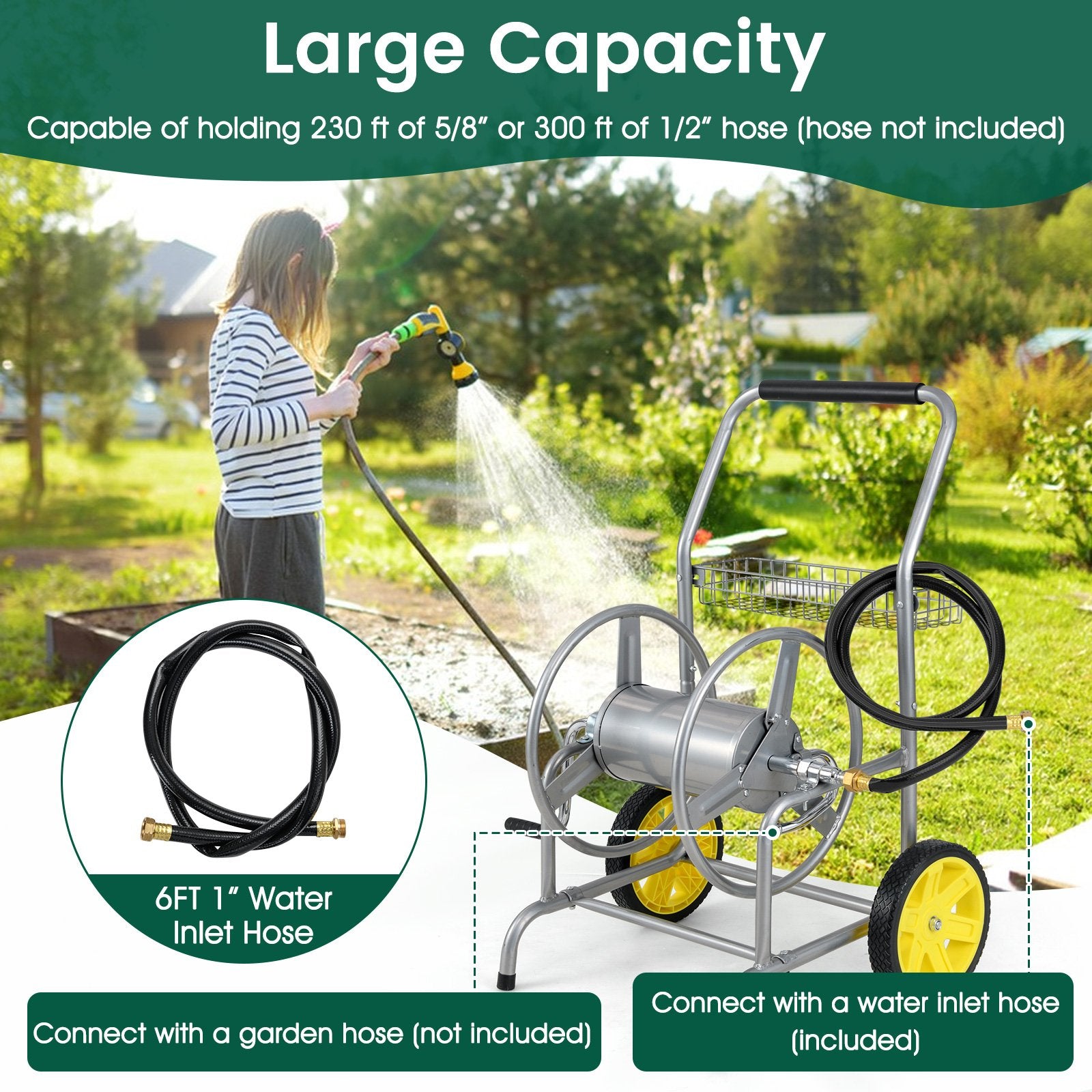 Garden Hose Reel Cart with 2 Wheels and Storage Basket, Silver Watering & Irrigation at Gallery Canada