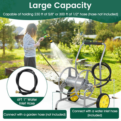 Garden Hose Reel Cart with 2 Wheels and Storage Basket, Silver Watering & Irrigation at Gallery Canada