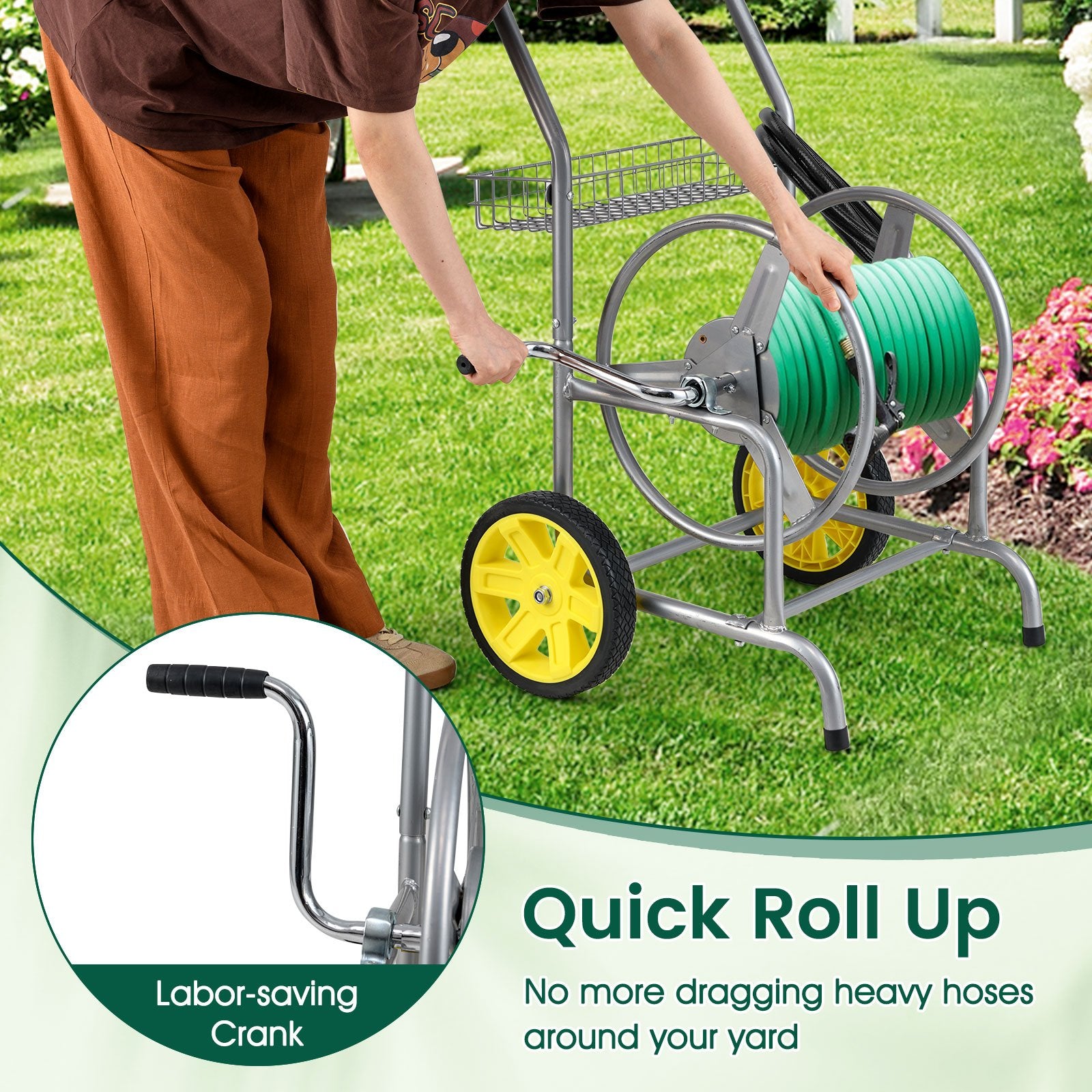Garden Hose Reel Cart with 2 Wheels and Storage Basket, Silver Watering & Irrigation at Gallery Canada