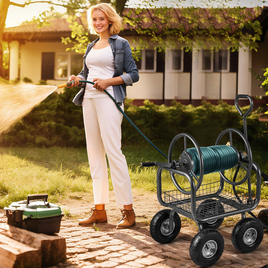 Garden Hose Reel Cart 300 Feet Large Capacity with 4 Wheels and Storage Basket, Gray Watering & Irrigation Gray at Gallery Canada
