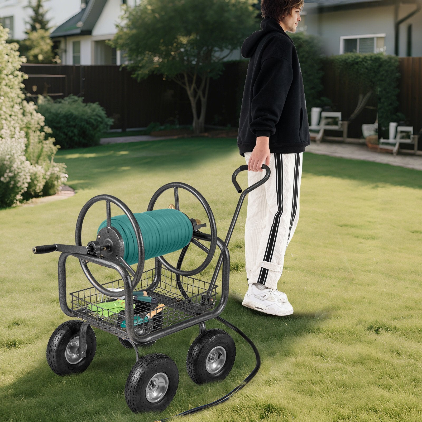 Garden Hose Reel Cart 300 Feet Large Capacity with 4 Wheels and Storage Basket, Gray Watering & Irrigation at Gallery Canada