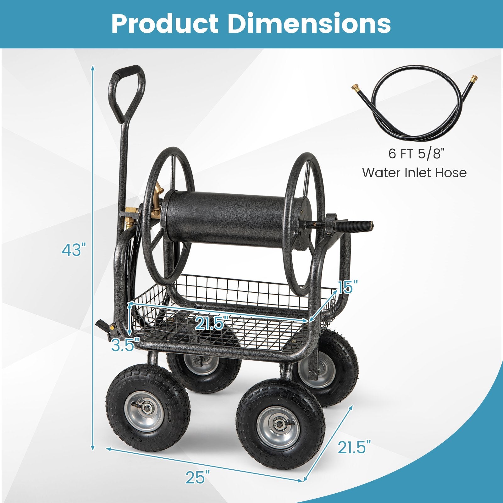 Garden Hose Reel Cart 300 Feet Large Capacity with 4 Wheels and Storage Basket, Gray Watering & Irrigation at Gallery Canada
