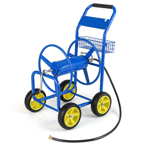 Metal Garden Hose Reel Cart, 4 Wheels, Storage Basket, Blue