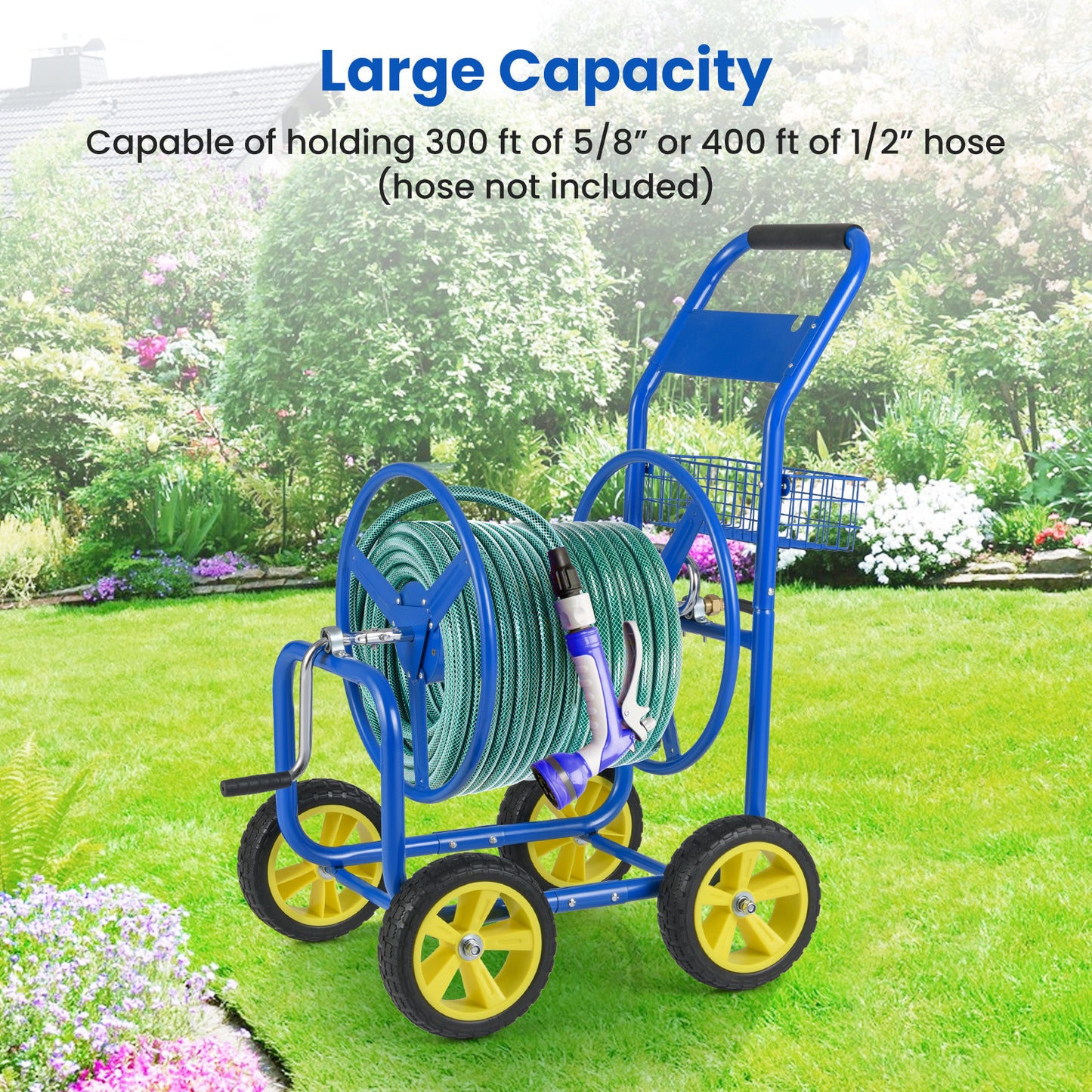 Metal Garden Hose Reel Cart, 4 Wheels, Storage Basket, Blue Watering & Irrigation at Gallery Canada