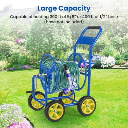 Metal Garden Hose Reel Cart, 4 Wheels, Storage Basket, Blue Watering & Irrigation at Gallery Canada