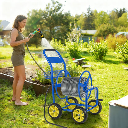 Metal Garden Hose Reel Cart, 4 Wheels, Storage Basket, Blue Watering & Irrigation at Gallery Canada