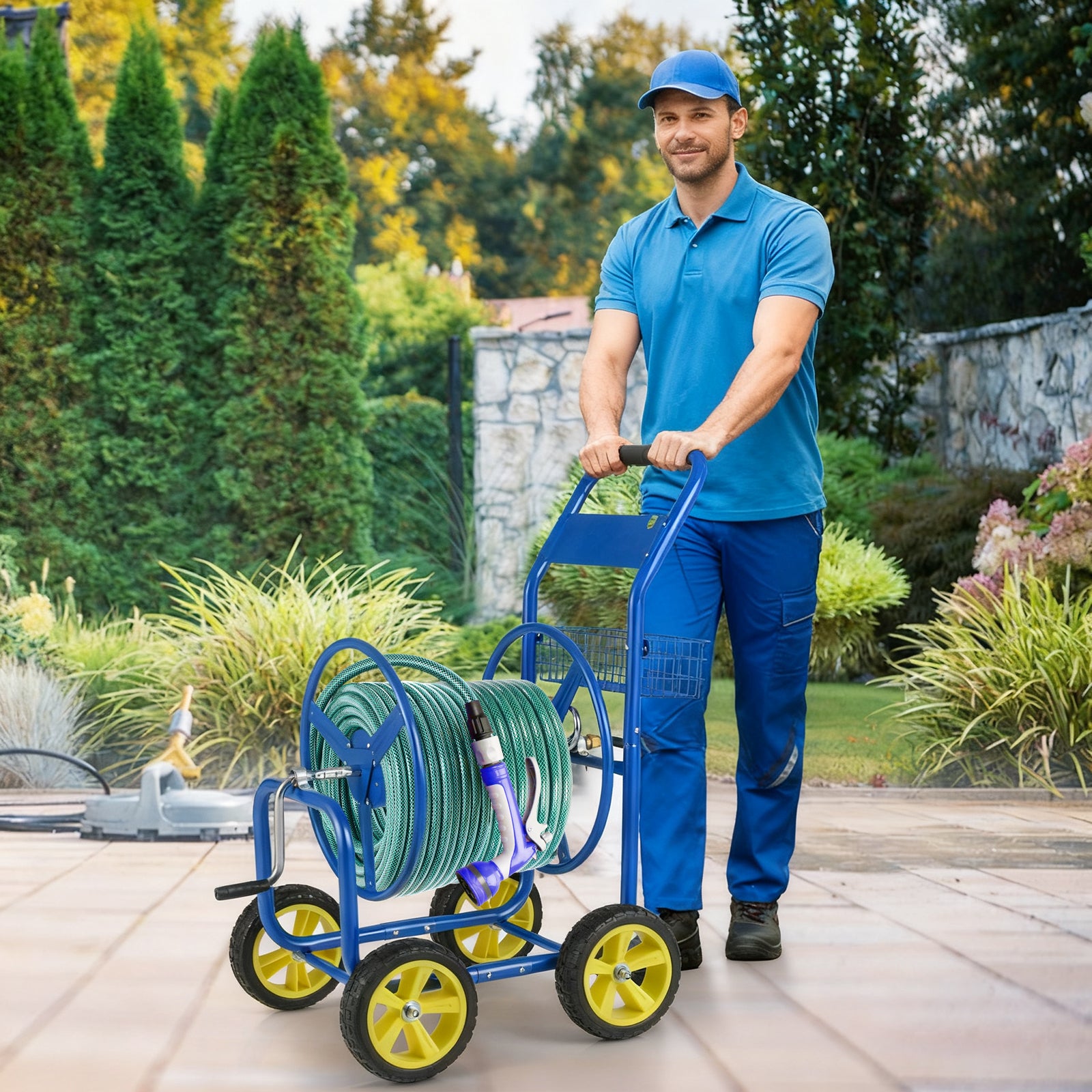 Metal Garden Hose Reel Cart, 4 Wheels, Storage Basket, Blue Watering & Irrigation at Gallery Canada